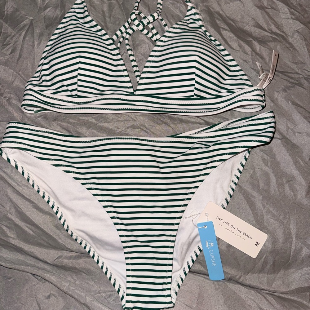 Striped Green/White Bikini M cupshe